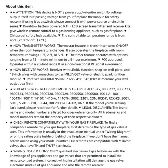 Durablow TR1004 Gas Fire Fireplace On/Off Remote Control Kit - Picture 16 of 16